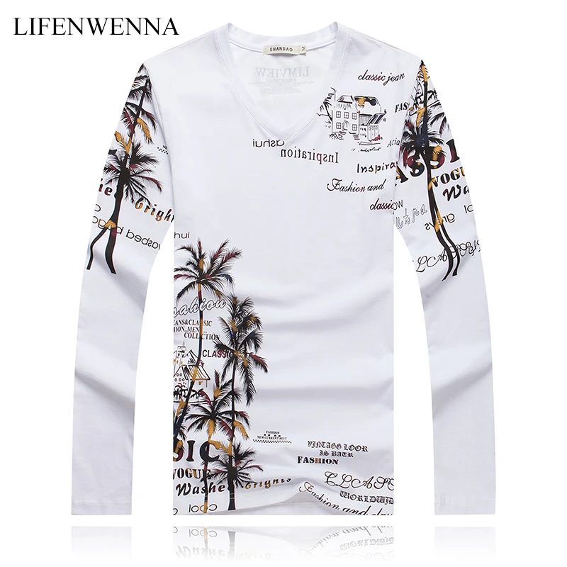 Goede 2019 Nieuwe Fashion Coconut Eiland T shirt Mannen Nieuwe Collectie V hals Lange Mouw T shirt Mannen Slim Toevallige Heren katoen Tee shirt 5XL