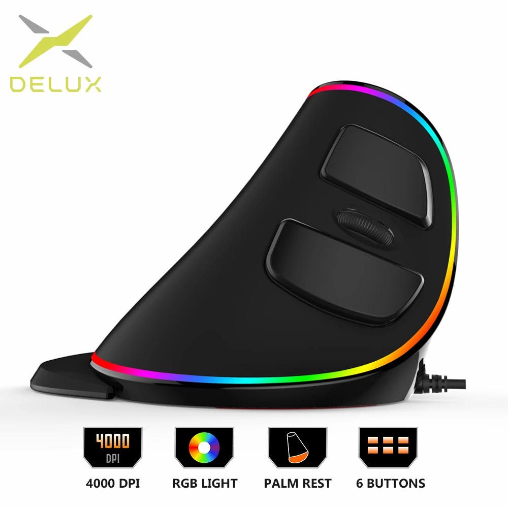 Delux M618Plus RGB эргономичная Вертикальная мышь с 6 кнопками 4000 DPI оптическая
