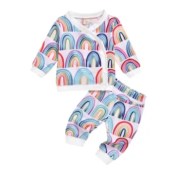 

Newborn Baby Girl Clothes Rainbow Print Terry Long Sleeve Tops Sweatshirt+Pants 2PCS Outfits Set Infant Fall Winter Clothing