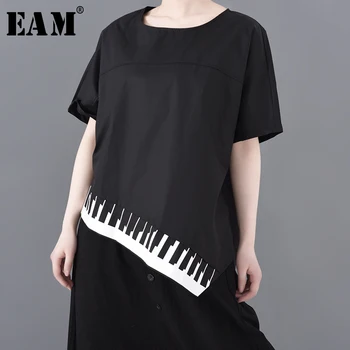 

[EAM] Women Black Striped Irregular Hem Big Size T-shirt New Round Neck Short Sleeve Fashion Tide Spring Summer 2020 1T78001