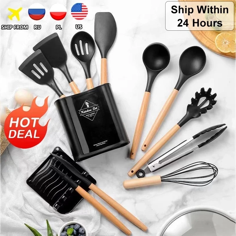 Heat Resistant Non-stick Black Silicone Cooking Utensil Set 13 pcs with Spatula