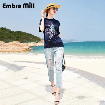 

Summer Women's New Two-Piece Suit Short-Sleeved Silk T-Shirt Top High Waist Jeans Fashion Two-Piece Suit S-XL