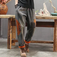 Женские джинсы, Осень-зима, большие размеры, флисовые теплые джинсовые штаны, новинка, эластичная талия, пэтчворк, панельные повседневные брюки, подходящие для любого размера