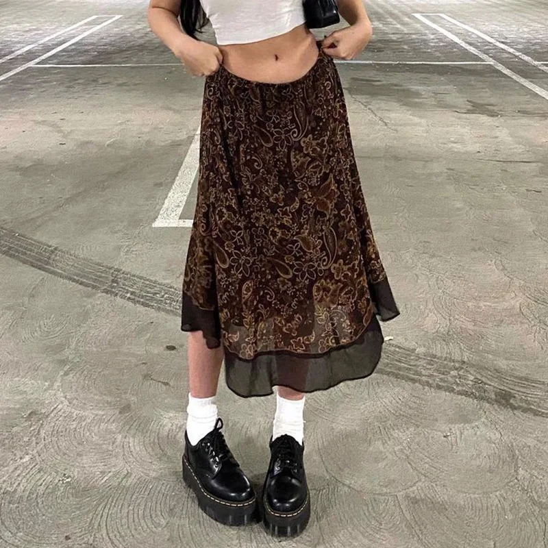 

Mesh Print Skirts Women Y2K High Waist Midi Skirt 90s Aesthetics Retro E-Girl Streetwear Party Harajuku Casual A-Line Skirt