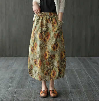 

New Artsy sunflower skirt elastic waist bud linen print skirt
