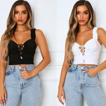Special Offers Sexy Crop Top Women Summer Tops Lace Up Tank Top T Shirt Backless Bandage Ruffles Short Women Clothes