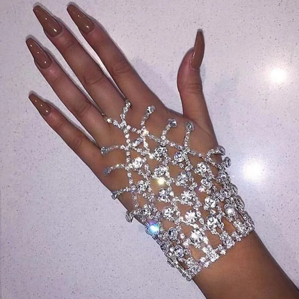 Trend Shiny Rhinestone Harness Bracelet Finger Chain Bridal Mesh Design Wedding Crossover Bridesmaid Boho Silver Color Jewelry | Украшения