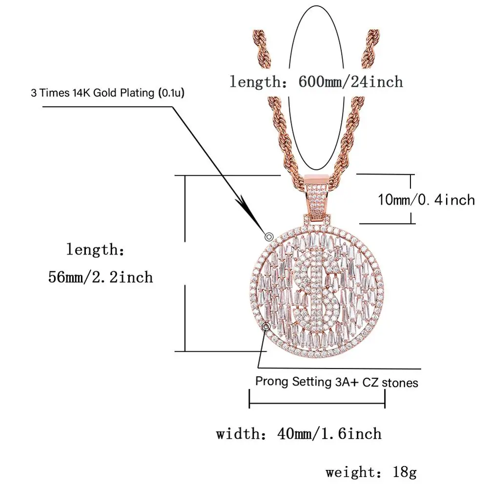 JINAO ледяной диск доллар ожерелье и кулон с 4 мм теннисная цепь AAA кубический циркон для мужчин и женщин хип хоп ювелирные изделия
