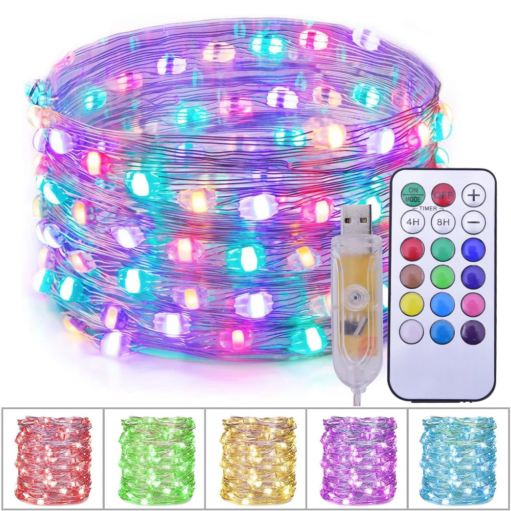 

Разноцветная светодиодная гирлянда RGB, 10 м, 33 фута, 100 светодиодов с дистанционным управлением через USB, светодиодная гирлянда из медного провода, украшение для дома, вечерние НКИ, Рождества, D30