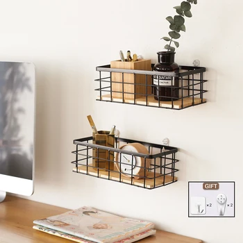 

Iron Wall Shelf wtih Wooden Board Hanging Storage Basket Metal Sundries Shelves Holder Storage Rack Home Decoration Organizer