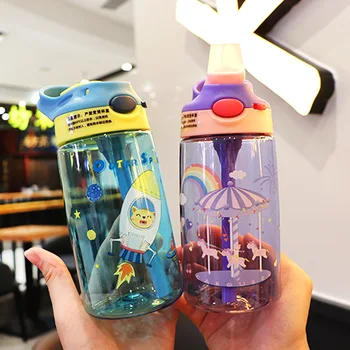 

Fashion Straw Cups Water Bottle Plastic Portable Cute Cartoon Children Sport Student Transparent Leak Proof Water Bottle DF50WB