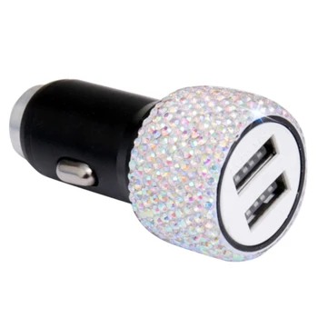 

Quick Charging Universal Decorative Rhinestone Car Charger Durable Shining Stable Dual USB Aluminum Alloy For Tablet Phone Gift