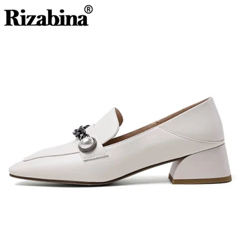 

RIZABINA Women Real Leather Pumps Fashion Chain Beads Thick Heel Shoes Woman Office Lady Casual Daily Footwear Size 33-40