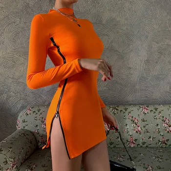 

Spring Long Sleeve Women Dress Zipper Knitted Female Mini Dress 0-neck Solid Color Women Vestidos
