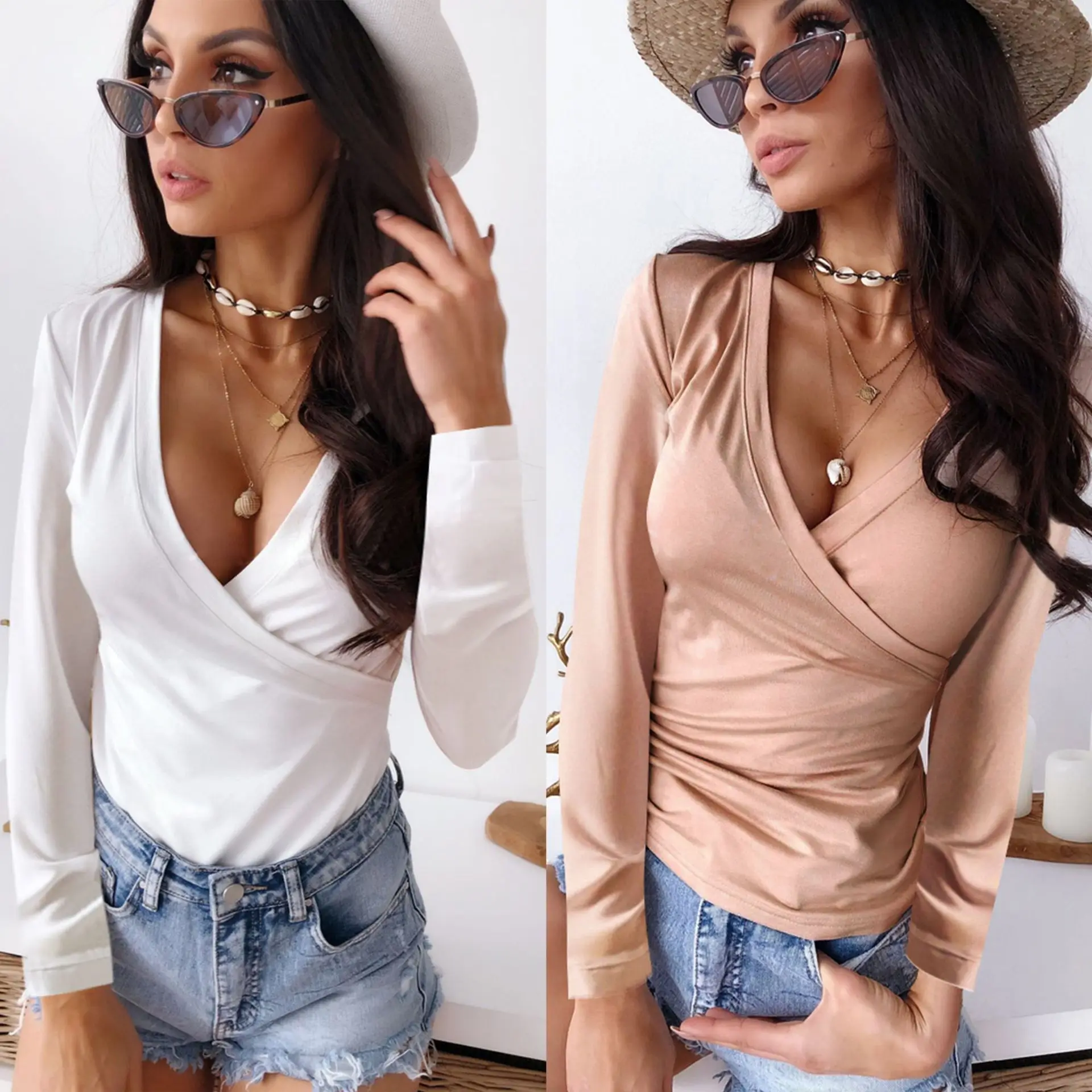 2019 сексуальные женские топы и рубашки с низким вырезом одноцветные белые бежевые