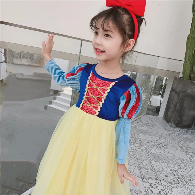 Baby Girl Snow white Princess Dress with Red bow headband Long sleeve Kids Christmas Fancy Party Costume