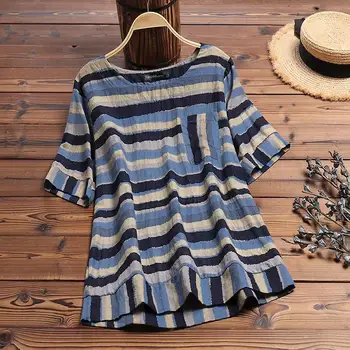 

ZANZEA Women Vintage O Neck Short Sleeve Striped Blouse Summer Tops Casual Loose Shirt Plus Size Femme Blusas Chemise Tunic Top