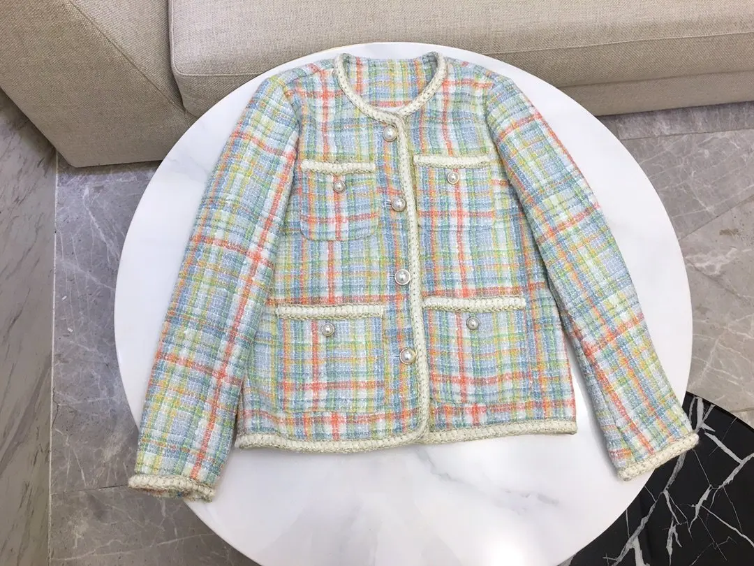 new ladies high quality fashion long sleeve round neck rainbow plaid woolen pearl buckle coat jacket 1021