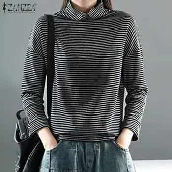 

2020 ZANZEA Spring Casual Turtleneck Shirts Vintage Striped Blouse Women Long Sleeve Blusas Chemise Female Pullovers Tunic Tops