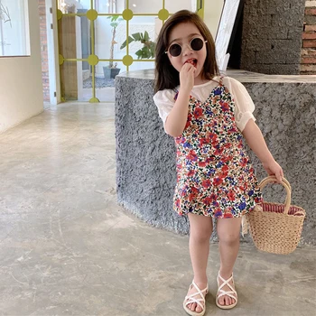 

Summer girls 2 pcs set baby t shirt + strap dress kids suits children clothes floral print puff sleeve breathable 2 to 9 yrs