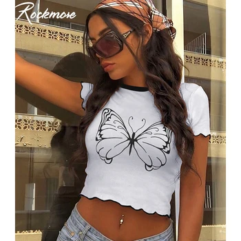 

Rockmore Butterfly Tshirts Women White Summer T-Shirt Ladies Skinny Streetwear Short Sleeve Crop Tops Harajuku Cute Basic Shirts