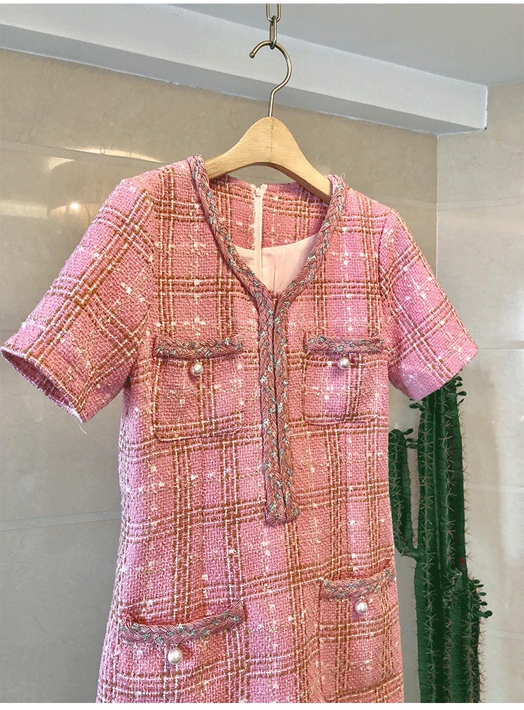 Новинка сезон осень-зима; розовый цвет твидовое платье Модные женские с коротким рукавом Бисероплетение кнопка элегантные женские повседневные тонкие платья Vestidos