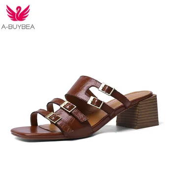 

Womens Shoes Genuine Leather Woman Slippers Square Heels Buckle Decoration High Heels Summer Ladies Outside Casual Shoes