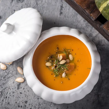 

Creative Pumpkin Shape Ceramic Soup Bowl with Lid Small Rice Bowl Kitchen Tableware Fruit Salad Mixing Bowl Dessert Soup Bowls