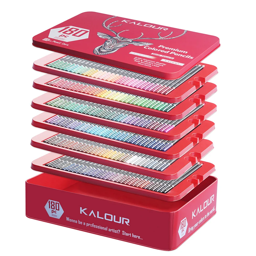 KALOUR – ensemble de crayons de couleur 120 180, boîte en fer blanc, noyau  de 3.8 MM, crayons de couleur doux et lisse à l'huile pour dessiner des