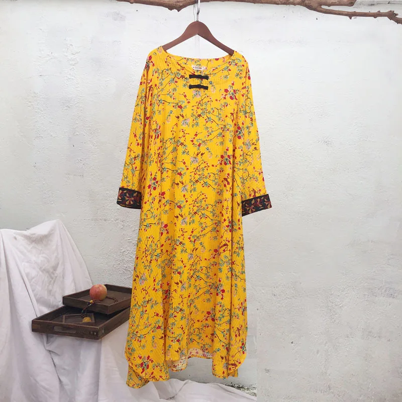 

Johnature Vintage Dress Loose Print Women Clothes 2019 New Autumn Full Sleeve O-neck Leisure National Style Women Dresses