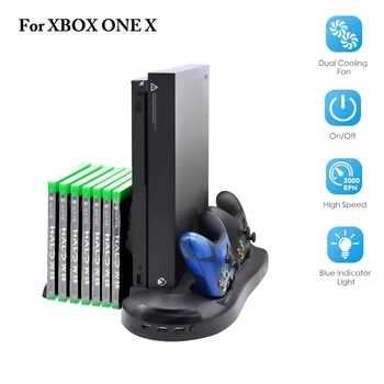 

Vertical Stand for Xbox One X, Controller Charger with Cooling Fan Game Storage and Extra 3 USB Port Charging Station Games