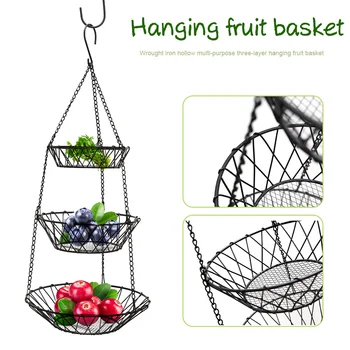 

Chain Hanging Pierced Home Plants Space Saving Country Style Iron Multipurpose Bathroom Fruit Basket Living Room 3 Tier