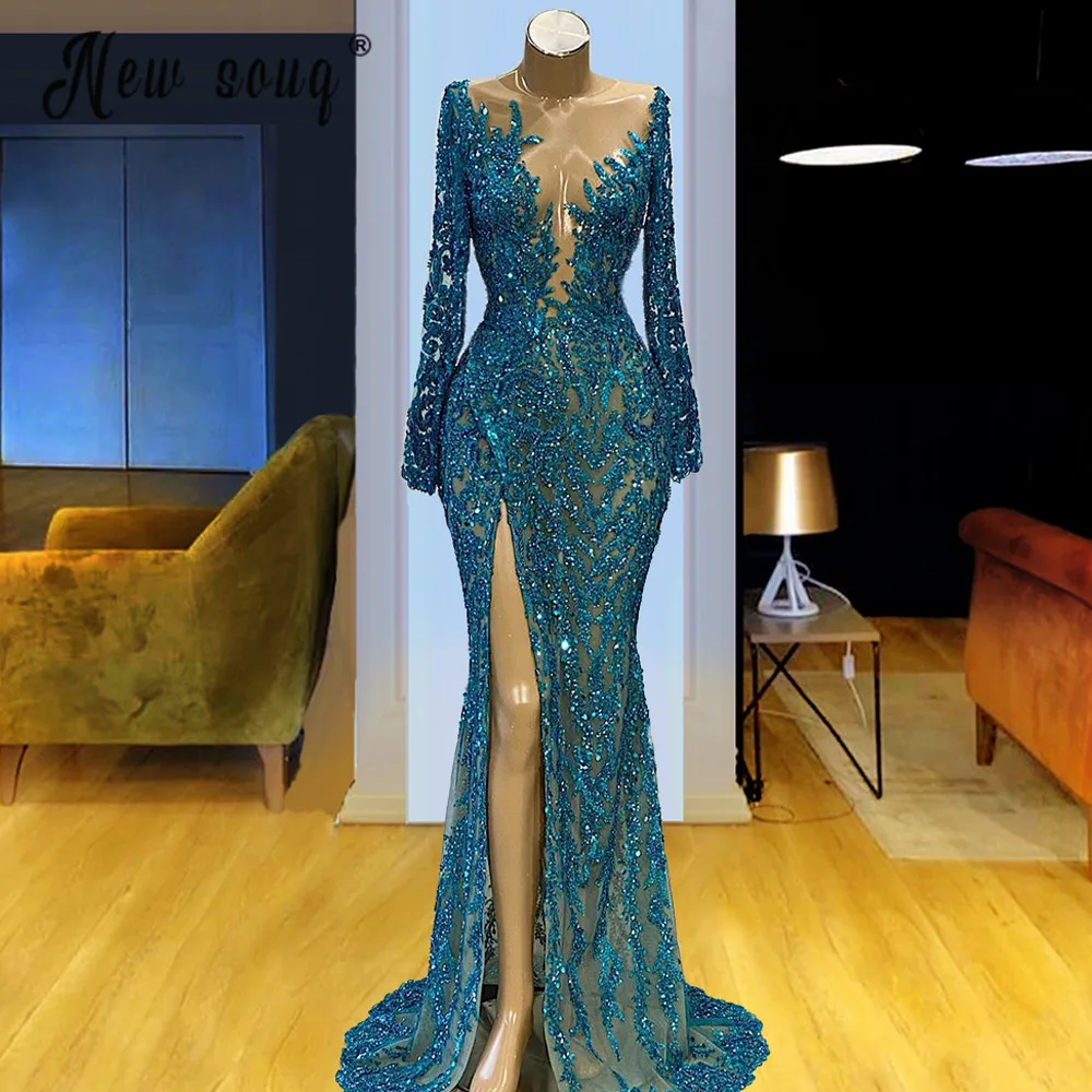 Long Sparkly Mermaid Evening Dresses 2021 Long Sleeve High Neck Sequin Dubai Women Formal Gowns Celebrity Dresses Plus Size
