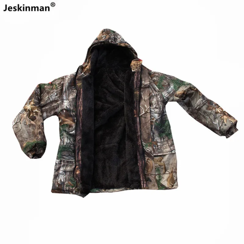 Winter Fishing Waterproof Coat Tree Bionic Camouflage Hunting Hooded Jacket  Keep-Warm Thicken Fleece Cotton Sniper Clothes