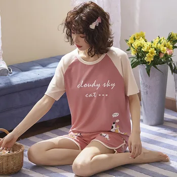 

2019 Summer Pajamas Women's Pure Cotton Short Sleeve Simple Cartoon Thin Fresh GIRL'S Cute Loose-Fit Homewear Set