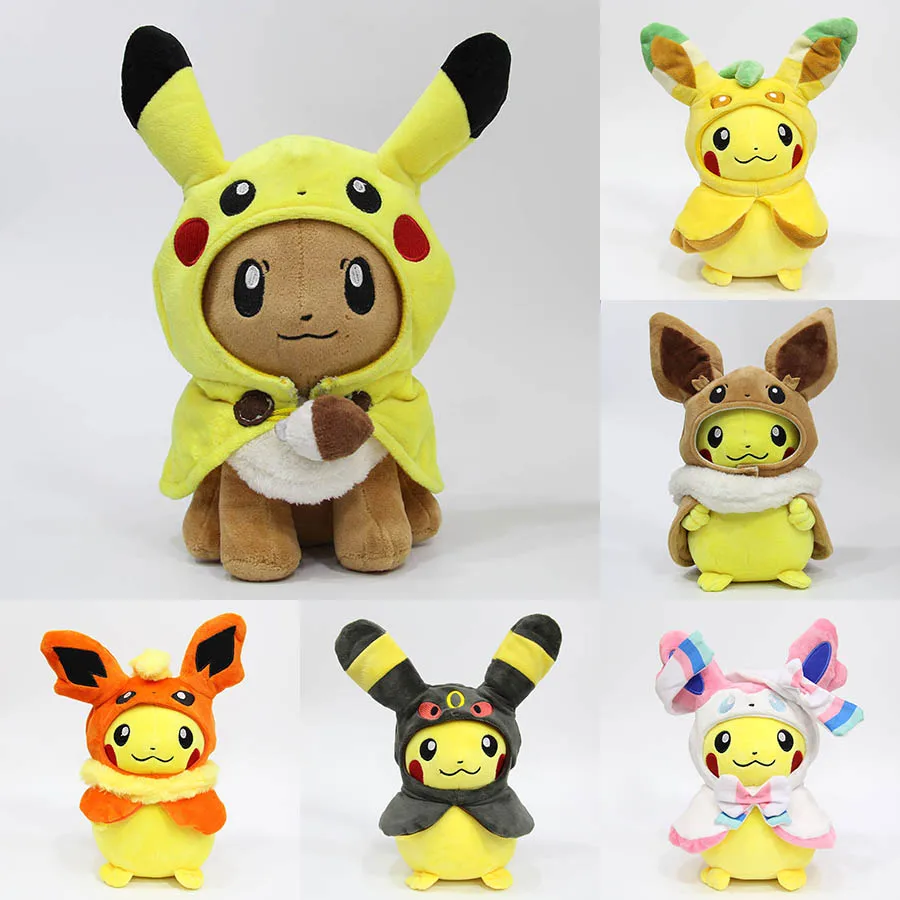 

Pokemon 30cm Pikachu Cosplay Eevee Gengar Eeveelutions Plush Stuffed Dolls Eevee with Cloak Toy Kids Christmas New Year Gift