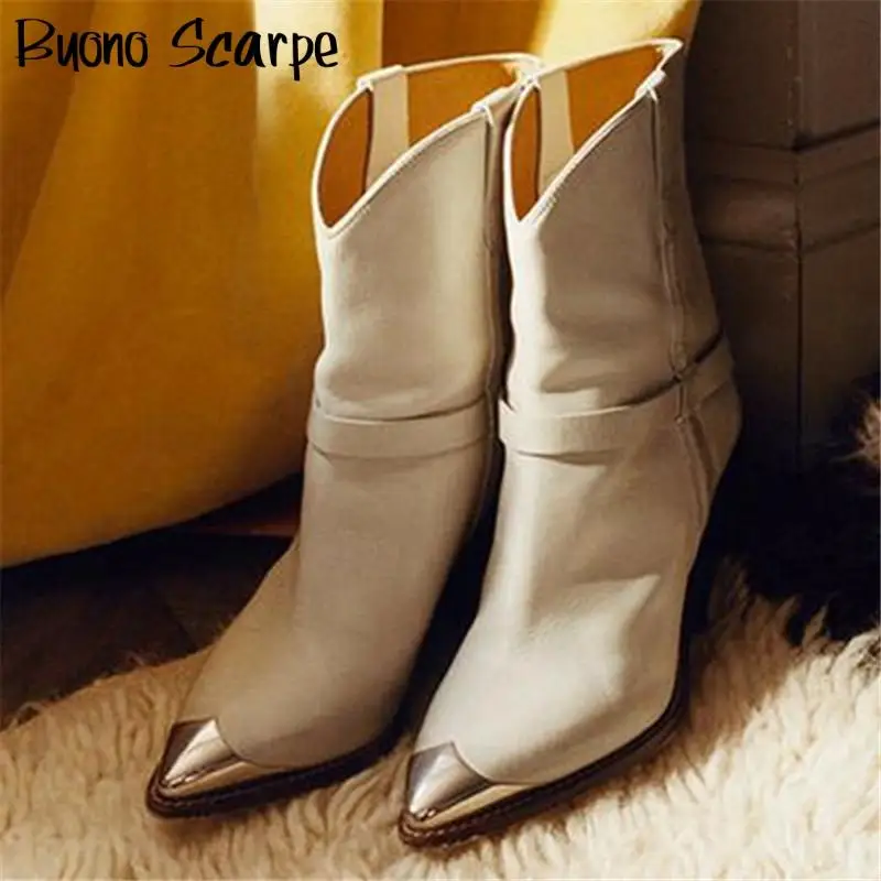 Metal Toe High Heel Women Boots Genuine Leather Short Ankle Boots Suede Leather Pointed Toe Heels Shoes Ladies Matin Boots 2020