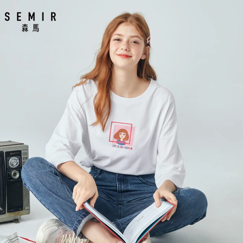 SEMIR, свободная женская футболка, осень, новая, с принтом, хлопок, для девушек, тонкая, семь точек, рукав, футболка, Повседневная