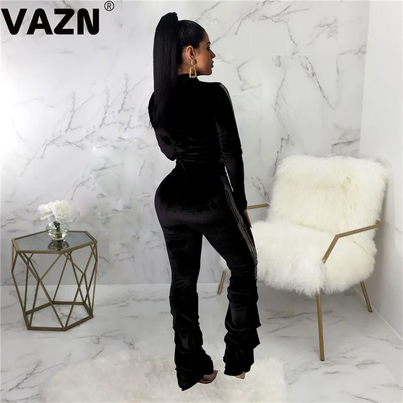 VAZN, новая мода, цветочный сексуальный женский цветной длинный комбинезон, полный рукав, Глубокий круглый ворот, пояс, комбинезон, широкие штаны, шикарные комбинезоны