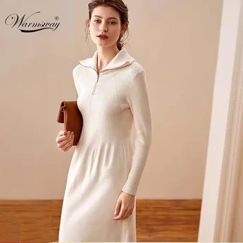 

Casual Elegant Zipper Sweater Knitted Dress Office Ladies Loose Turn Down Collar Loose Elastic Warm Fall Winter Dress CY-074