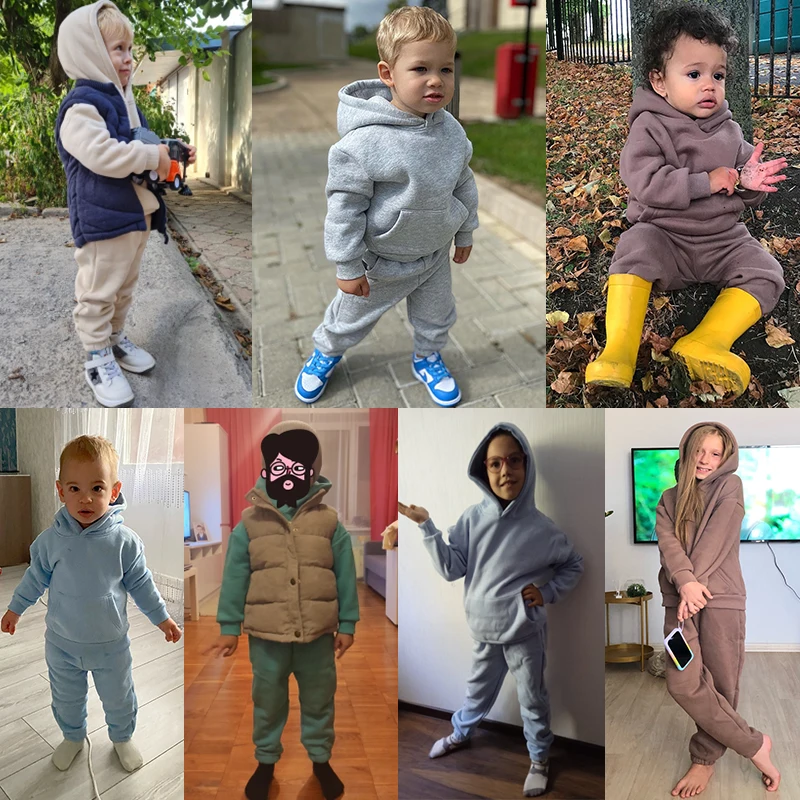 2-12 years old Kids Clothing Set Winter Fleece Sweater Hooded Plush Sportswear