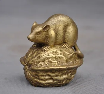

Chinese brass Feng Shui auspicious walnut mouse rat Zodiac animal statue