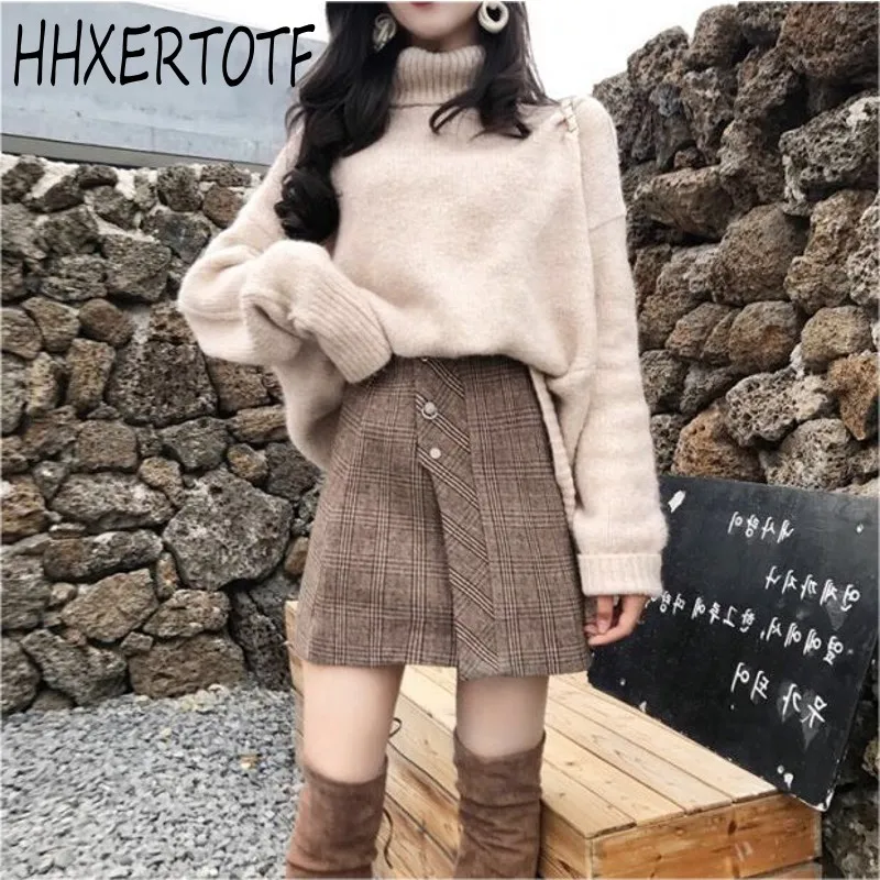 

2019 Autumn Winter Womans 2 Pieces Sets High Collar pullover Sweater + High waist Wool plaid Single-breasted Skirt Suit Set