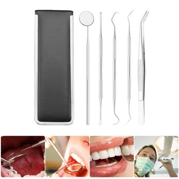 

5PCS Dental Tool Kit Oral Cleaning To Calculus Tool With Holster Stainless Steel Oral Care Dental Tools