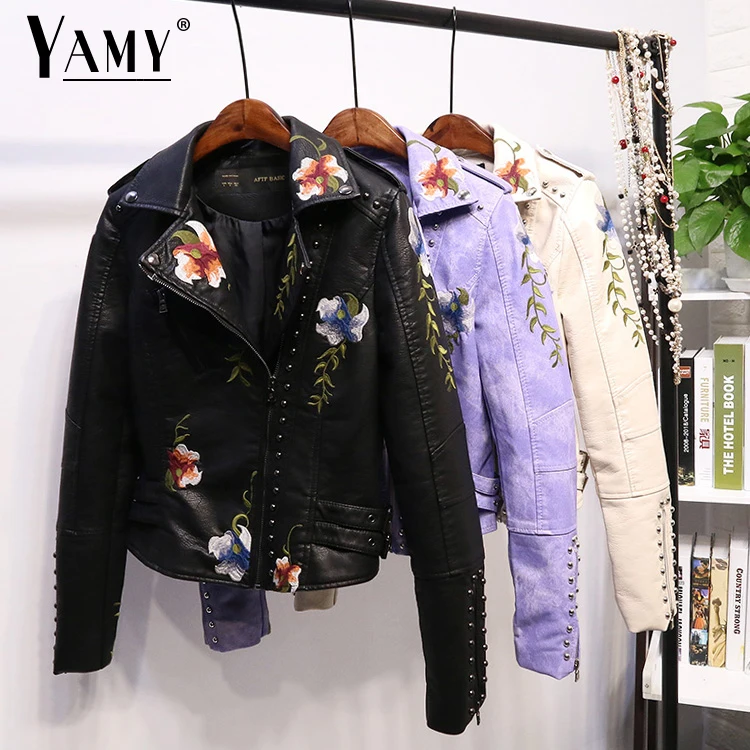 black leather jacket with floral embroidery