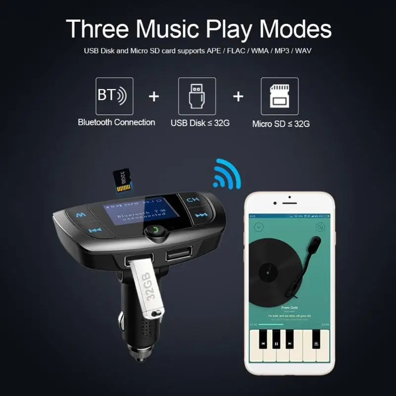 T38 3.1A 2 USB беспроводное зарядное устройство MP3-плеер Bluetooth fm-передатчик черный классический цвета и простой прочный дизайн