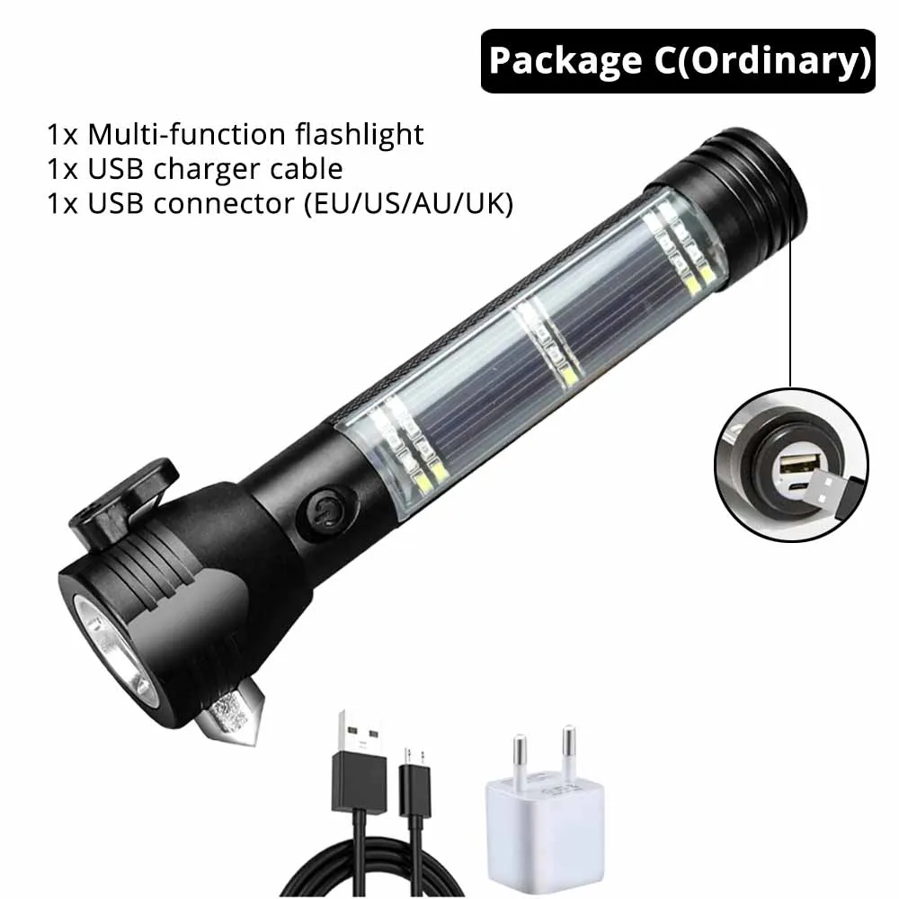 Ordinary C USB Перезаряжаемый со светодиодным фонариком на солнечной батарее многофункциональный аварийный фонарик молоток безопасности мобильный компас питания для активного отдыха - Испускаемый цвет: Ordinary C