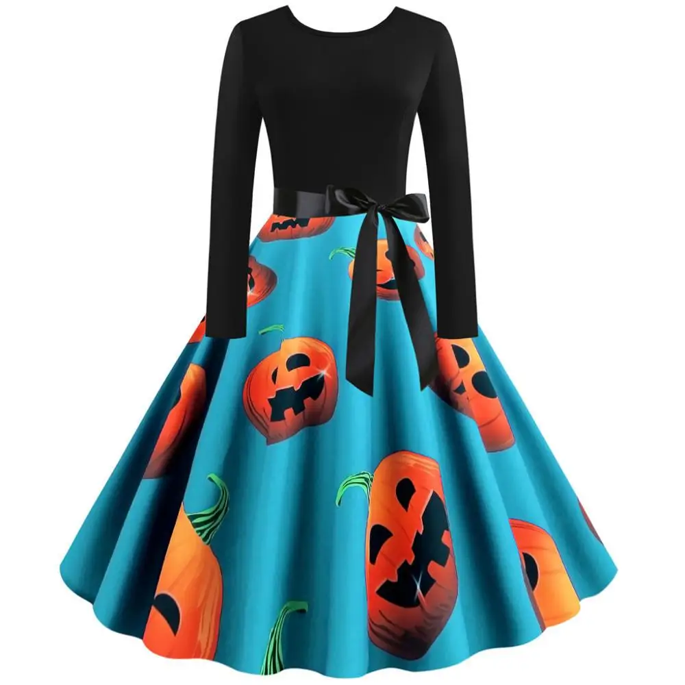 

2019 Women Plus Size Vintage Long Sleeve Halloween 50s Housewife Evening Party Dress 2XL