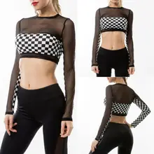 Женская сексуальная сетка Перспектива тонкие летние футболки женские мозаичные квадратные клетчатые короткий топ сексуальный О-образным вырезом с длинным рукавом Спортивные футболки Горячая