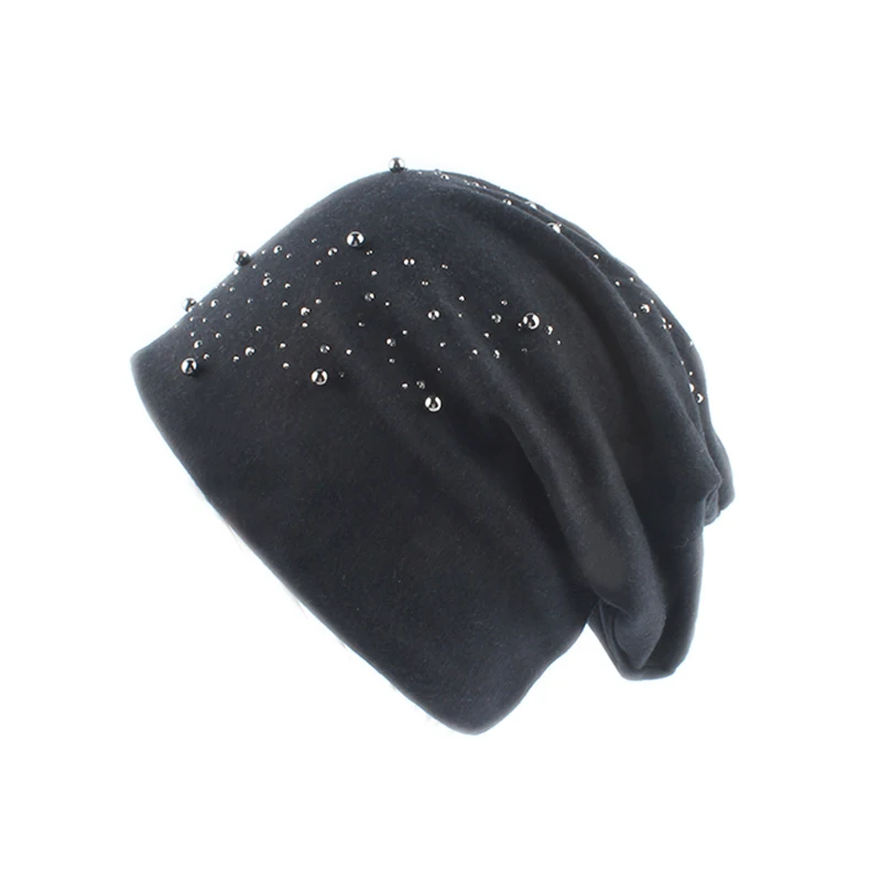 

2021 Fashion Women Skullies Beanies Rhinestone Pearl Slouch Hat Ladies Autumn Winter Soft Cotton Beanie Dropshipping